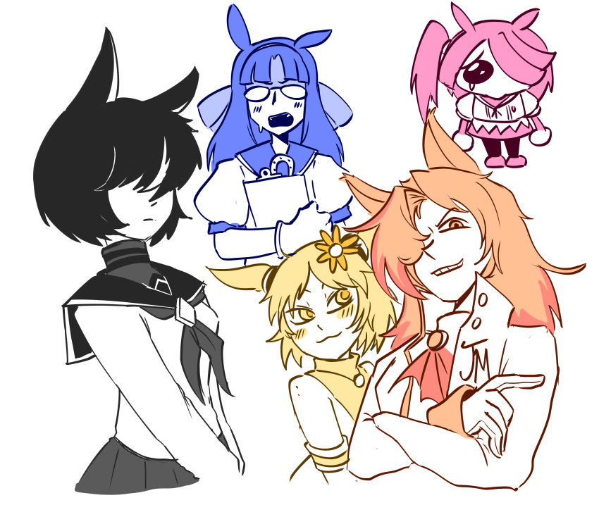 5girls, :3, absurdres, animal_ears, bare_shoulders, black_hair, black_skirt, blonde_hair, blue_hair, blush, bracelet, breasts, bullet'n_board, clipboard, closed_mouth, coat, comely_material_morning_(horse_race_tests), crying, downtown_skybox, flower, from_side, glasses, gloves, grin, hair_flower, hair_ornament, hair_over_eyes, hair_over_one_eye, high_collar, highres, holding, holding_clipboard, horse_ears, horse_girl, horse_race_tests, horseshoe_necklace, jewelry, jovial_merryment, long_hair, long_sleeves, looking_at_viewer, looking_down, multiple_girls, necklace, open_mouth, orange_eyes, orange_hair, orange_shirt, pink_hair, pink_shirt, pleated_skirt, puffy_short_sleeves, puffy_sleeves, sailor_collar, shirt, short_hair, short_sleeves, side_ponytail, simple_background, skirt, sleeveless, sleeveless_shirt, small_breasts, smile, smug, starlinkman, sunflower, sunflower_hair_ornament, teeth, two-tone_shirt, upper_teeth_only, white_background, white_coat, white_shirt, yellow_(horse_race_tests), yellow_eyes