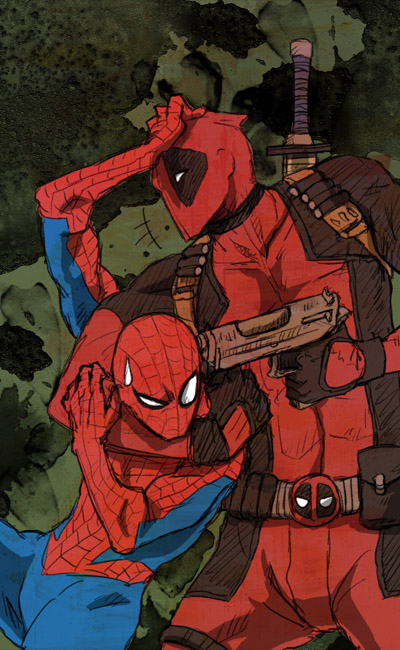 2boys, artist_request, bodysuit, grabbing, gun, gun_to_head, handgun, headlock, kashi-wa, male, marvel, mask, multiple_boys, no_mouth, pistol, spider-man, struggling, sweatdrop, sword, weapon