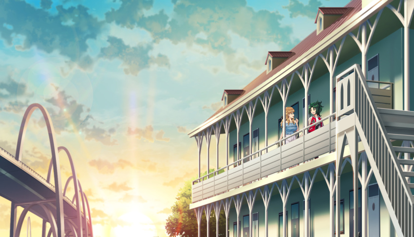 2girls, ayato_utae, blue_shirt, breasts, bridge, brown_hair, building, day