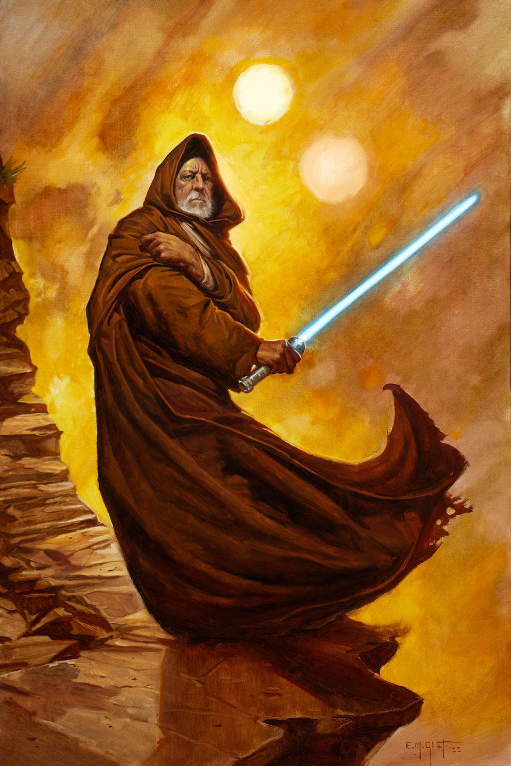 1boy, beard, blue_lightsaber, brown_robe, energy_sword, erik_gist, facial_hair, highres