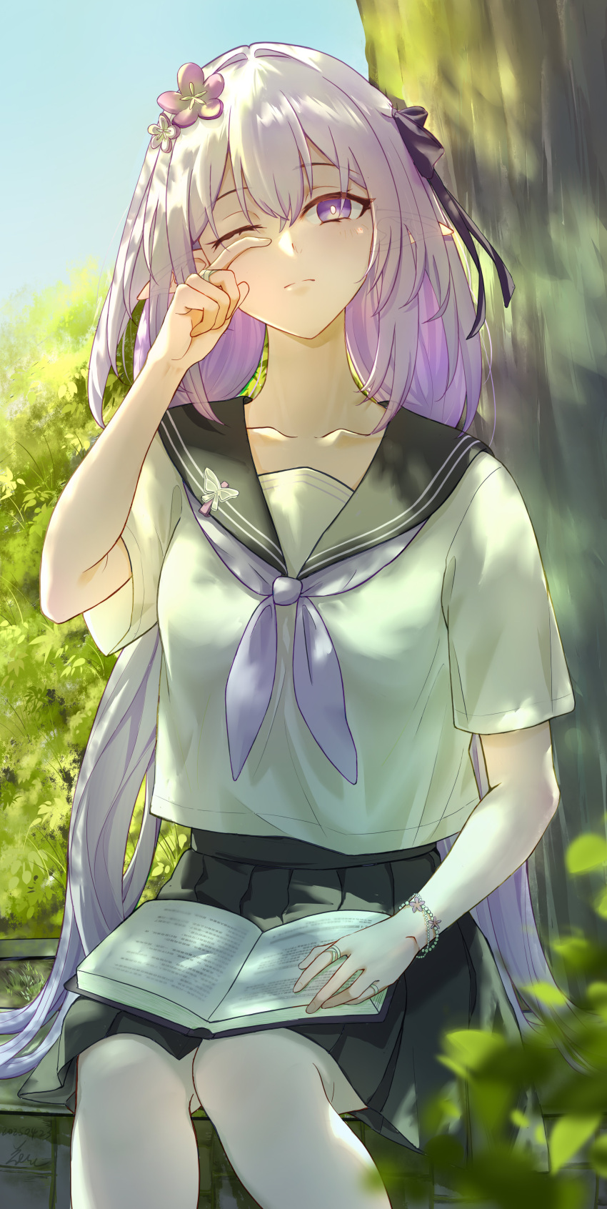 1girl, absurdres, alternate_costume, black_sailor_collar, black_skirt, blue_sky, book, book_on_lap