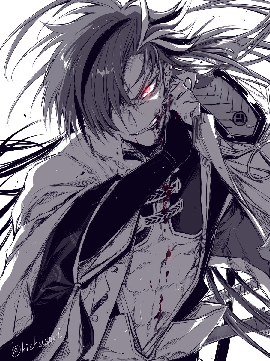 1boy, blood, blood_from_mouth, earrings, fate/grand_order, fate_(series), glowing, glowing_eye, hair_over_one_eye, highres, jewelry, katana, kishusoul, long_hair, male_focus, monochrome, red_eyes, spot_color, sword, takasugi_shinsaku_(fate), twitter_username, weapon, wiping_blood