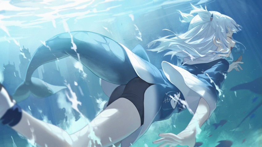 1girl, absurdres, animal_hood, bike_shorts, blue_hoodie, closed_eyes, commentary, fins