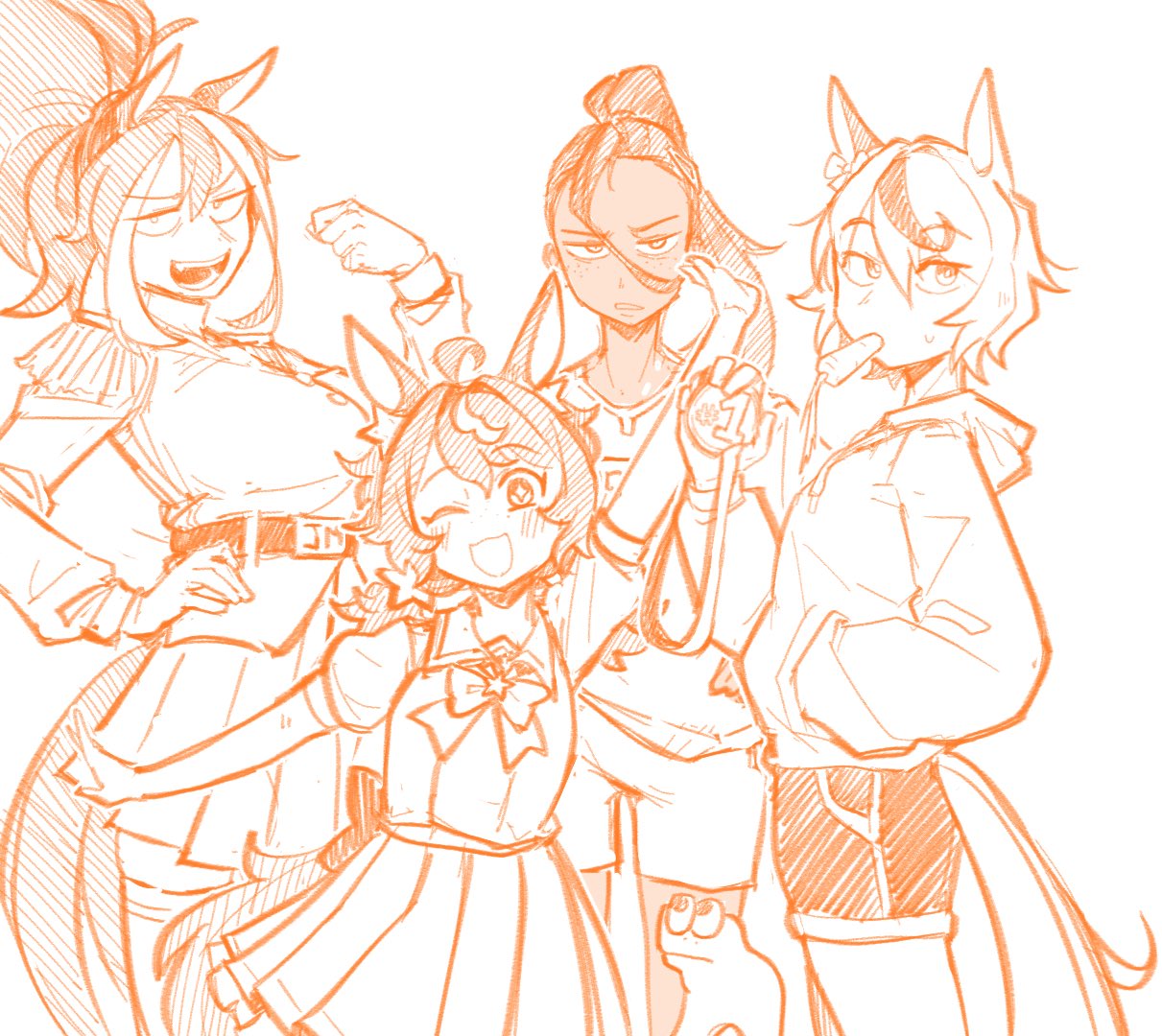 1other, 4girls, animal_ears, belt, carrot, commentary, dark-skinned_female, dark_skin