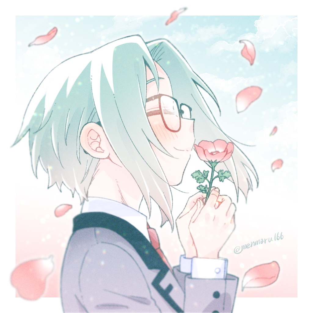 1boy, blush, closed_eyes, day, flower, green_hair, happy, menmau166