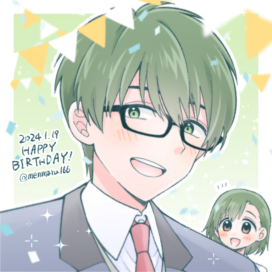 1boy, 1girl, :d, artist_name, black-framed_eyewear, blush, brother_and_sister, brown_eyes