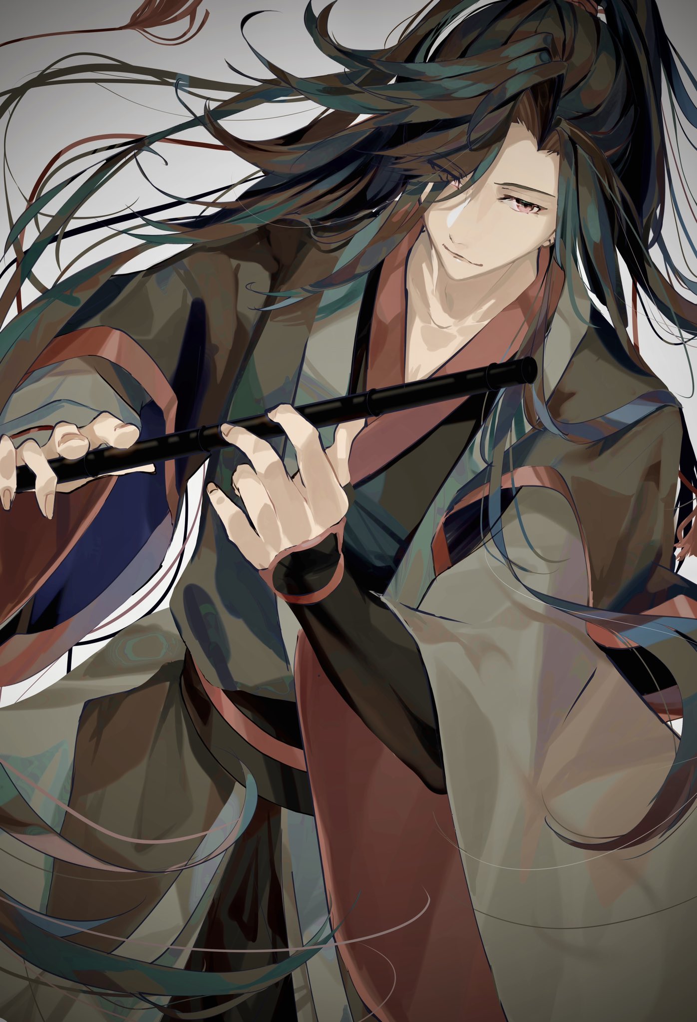 1boy, black_hair, black_hanfu, black_robe, chinese_clothes, closed_mouth, dizi, eyes_visible_through_hair, floating_hair, flute, grey_background, hair_ornament, hair_over_one_eye, hair_ribbon, hanfu, highres, holding, holding_flute, holding_instrument, instrument, karanosora, layered_sleeves, long_hair, long_sleeves, looking_at_viewer, male_focus, modao_zushi, music, playing_flute, playing_instrument, ponytail, red_eyes, red_ribbon, red_trim, ribbon, robe, simple_background, smile, solo, tassel, tassel_hair_ornament, transverse_flute, wei_wuxian, wide_sleeves