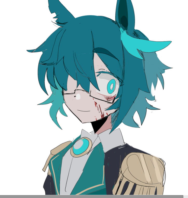 animal_ears, black_coat, blood, blood_on_face, blue_eyes, blue_gemstone, blue_hair, closed_mouth