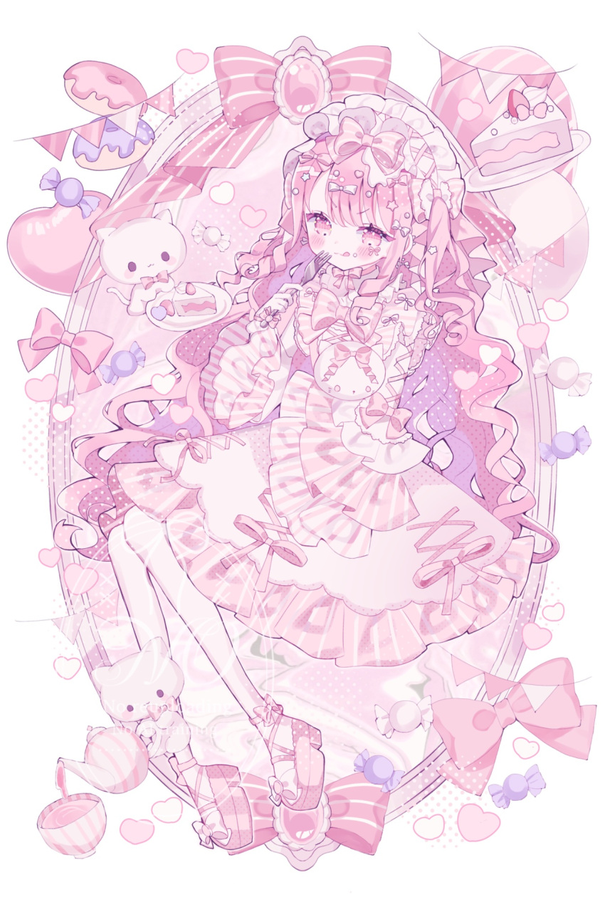 1girl, 1other, :q, akiyama_mizuki, blush, bow, bowtie, cake, cake_slice, cat, closed_mouth, commentary, crumbs, doughnut, dress, food, fork, frilled_dress, frilled_sleeves, frills, full_body, hand_up, hat, highres, holding, holding_fork, long_hair, long_sleeves, looking_at_viewer, pantyhose, parted_bangs, pink_bow, pink_bowtie, pink_dress, pink_eyes, pink_hair, pink_ribbon, pink_shoes, plate, project_sekai, ribbon, sango_(35sangosan), shoes, solo, striped_bow, tongue, tongue_out, watermark, wavy_hair, white_background, white_hat, white_pantyhose, wide_sleeves