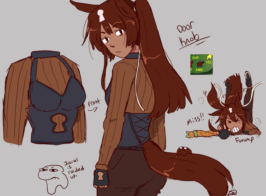 1girl, animal_ears, ass, brown_hair, brown_pants, brown_sweater, brown_tail, carrot
