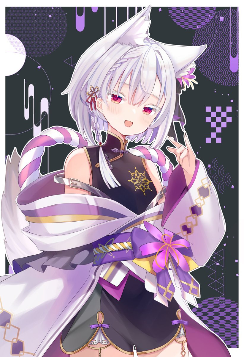 1girl, \m/, animal_ears, blush, border, grey_hair, highres, indie_virtual_youtuber