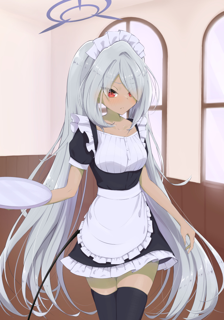 >:(, 1girl, absurdres, alternate_costume, apron, black_dress, black_thighhighs, blue_archive