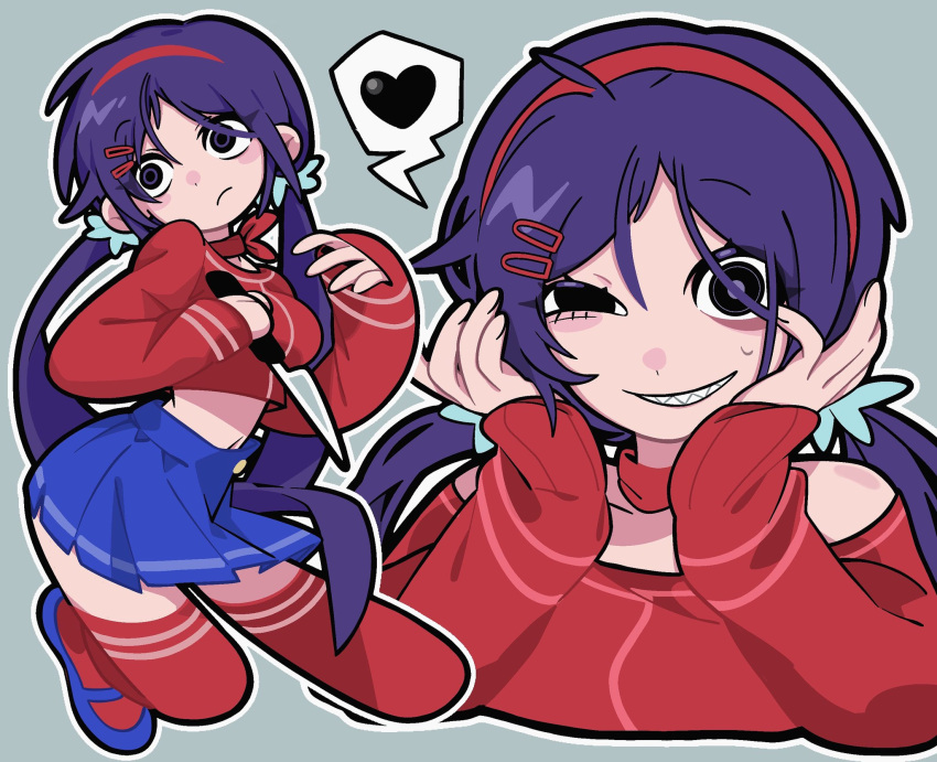 black_eyes, blue_shoes, blue_skirt, choker, crazy_mita_(miside), crazy_smile, hair_ornament, hairband, hairclip, heart, highres, holding, holding_knife, knife, long_hair, looking_at_viewer, low_twintails, mary_janes, miside, mita_(miside), pleated_skirt, poa_poa05, purple_hair, red_choker, red_hairband, red_shirt, red_sweater, red_thighhighs, sharp_teeth, shirt, shoes, skirt, smile, spoken_heart, sweater, teeth, thigh-highs, twintails, wide-eyed
