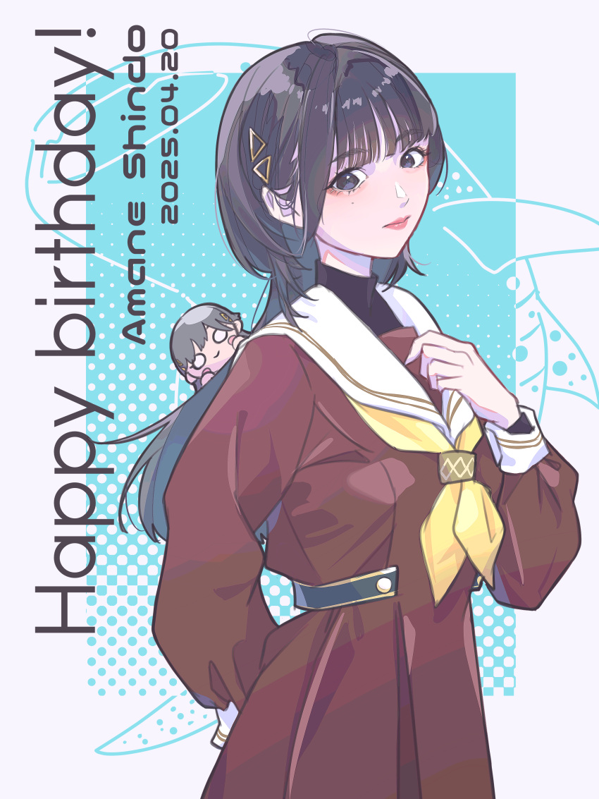 1girl, absurdres, animification, arm_behind_back, black_eyes, black_hair, blue_background, blush_stickers