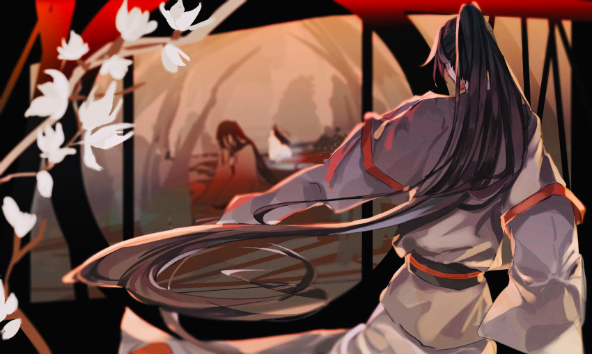 2boys, back, black_hair, black_hanfu, black_robe, blurry, branch, chinese_clothes, depth_of_field, dual_persona, facing_away, floating_hair, flower, from_behind, full_body, hair_down, hanfu, high_ponytail, highres, holding, indoors, karanosora, kneeling, layered_sleeves, long_hair, long_sleeves, male_focus, modao_zushi, multiple_boys, ponytail, robe, round_window, sash, solo_focus, standing, time_paradox, tree, upper_body, very_long_hair, wei_wuxian, wei_wuxian_(yiling_laozu), white_flower, wide_sleeves, window