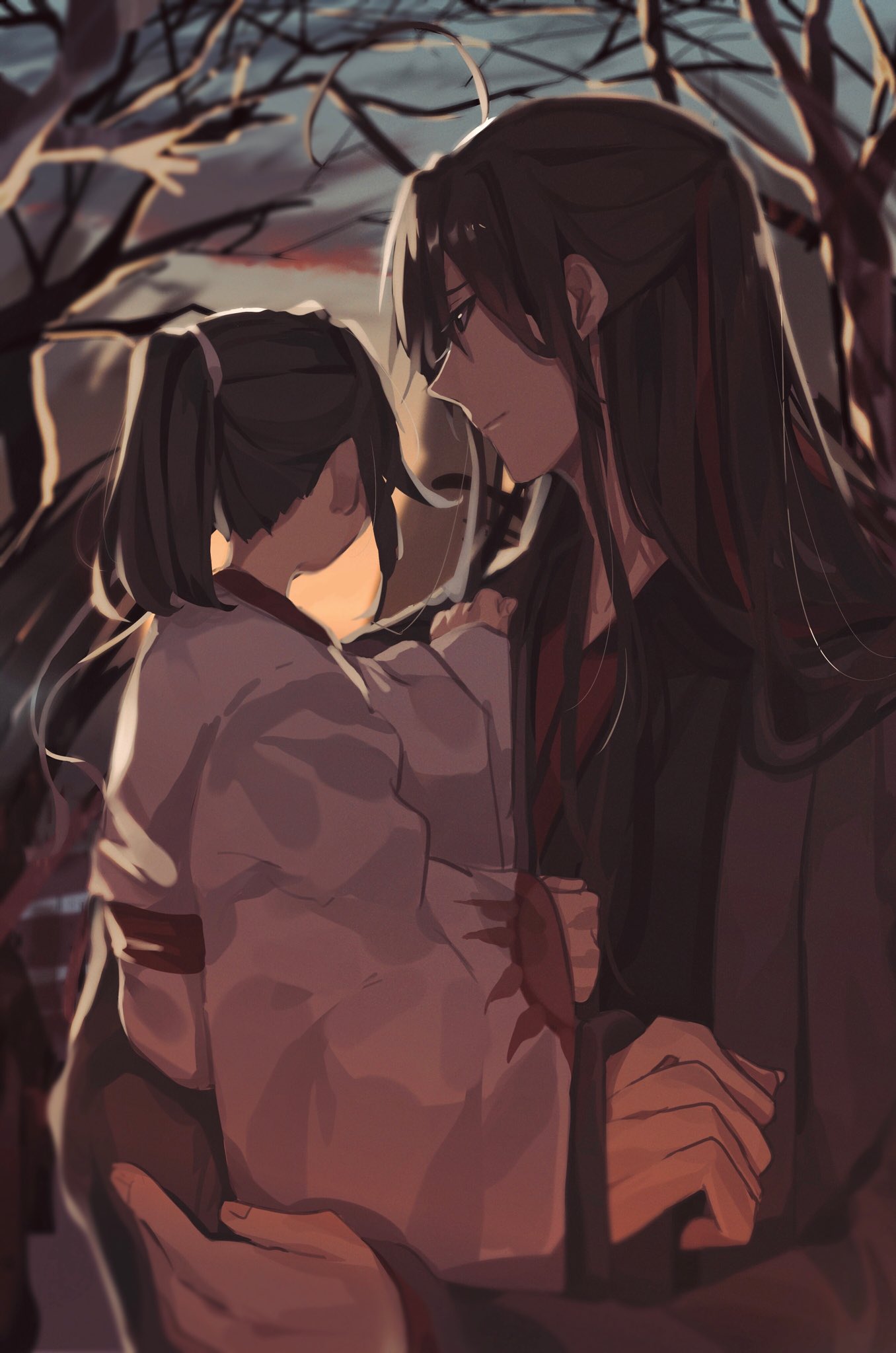 2boys, aged_down, ahoge, bare_tree, bishounen, black_hair, black_hanfu, black_robe, blurry, branch, carrying, carrying_person, child, child_carry, chinese_clothes, closed_mouth, clouds, coat, dark, grey_coat, hair_down, hair_ribbon, half_updo, hanfu, high_ponytail, highres, karanosora, lan_sizhui, long_hair, long_sleeves, looking_at_another, male_focus, modao_zushi, multiple_boys, official_alternate_costume, official_alternate_hairstyle, outdoors, ponytail, profile, red_ribbon, ribbon, robe, sidelocks, sky, smile, tree, upper_body, wei_wuxian, wei_wuxian_(yiling_laozu), white_hanfu, white_robe, wide_sleeves