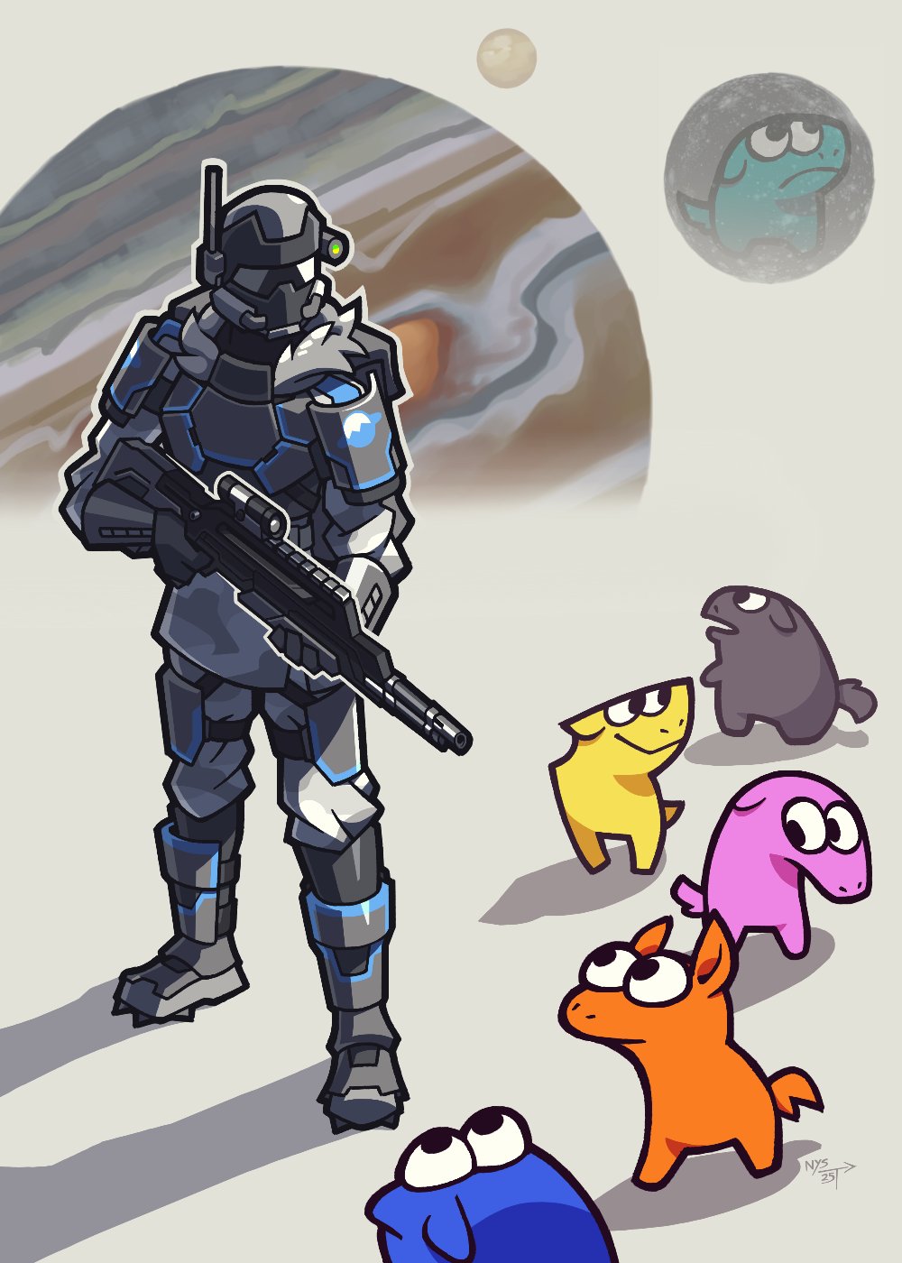 6+others, aiming, antennae, body_armor, bullet'n_board, comely_material_morning_(horse_race_tests), cyan_(horse_race_tests), downtown_skybox, europa_(moon), europa_ice_war_(meme), ganymede_(moon), gloves, grey_armor, grey_gloves, helmet, highres, horse_race_tests, io_(moon), jovial_merryment, jupiter_(planet), looking_to_the_side, looking_up, meme, multiple_others, not_your_sagittarius, shadow, standing, toon_(style), yellow_(horse_race_tests)