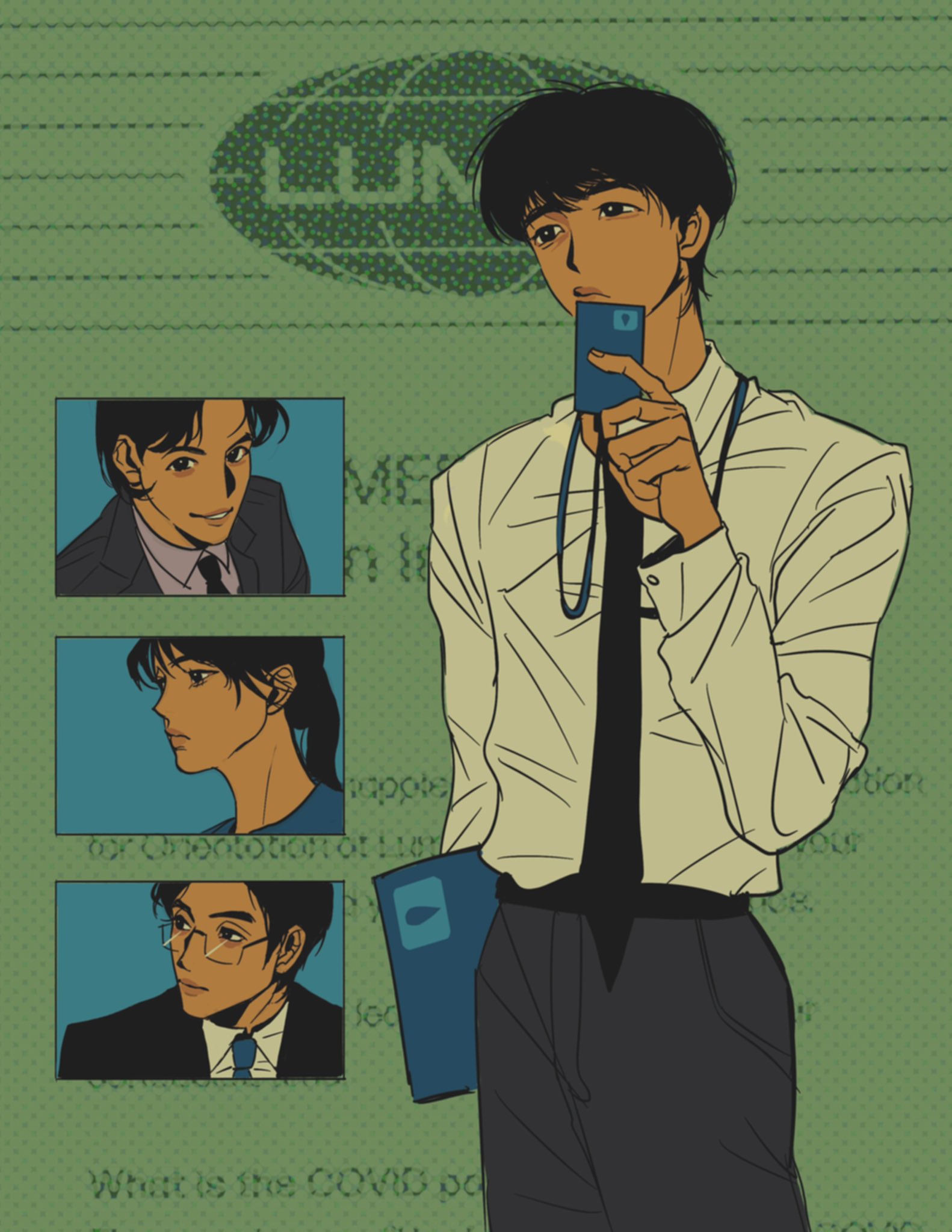 1girl, 3boys, black_necktie, blue_background, green_background, grey_pants, hand_up, highres