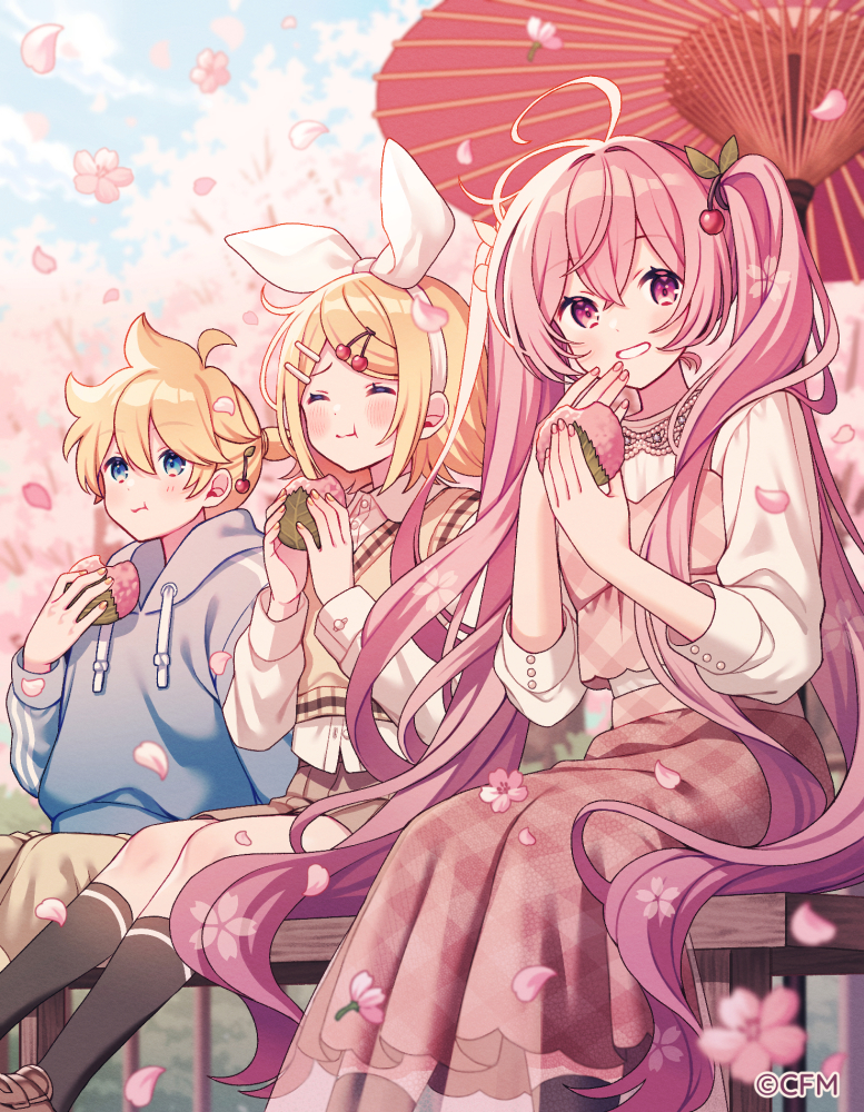 1boy, 2girls, ahoge, amagi_hana, blonde_hair, blue_eyes, blurry, blurry_background