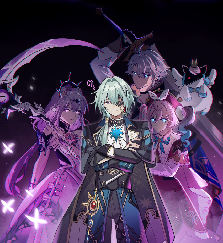 2boys, 2girls, ?, anaxa_(honkai:_star_rail), aqua_eyes, aqua_hair, beret, black_choker