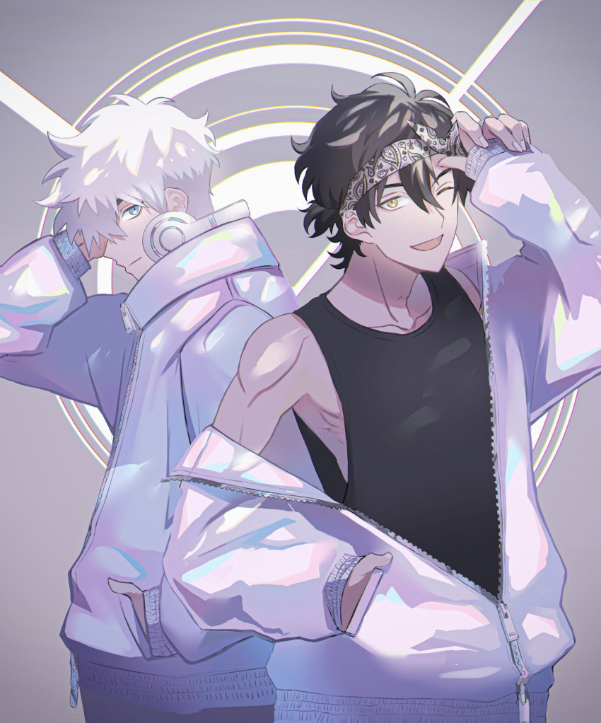 2101341bbb, 2boys, ;d, alternate_costume, arm_up, bare_shoulders, black_hair, black_tank_top