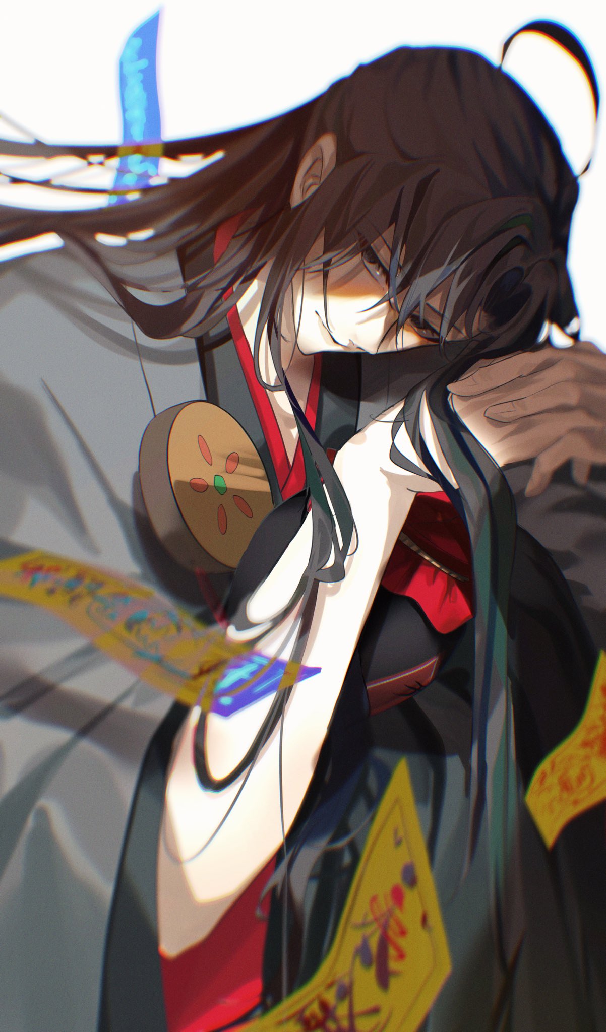 1boy, ahoge, bishounen, black_eyes, black_hair, black_hanfu, blurry, chinese_clothes