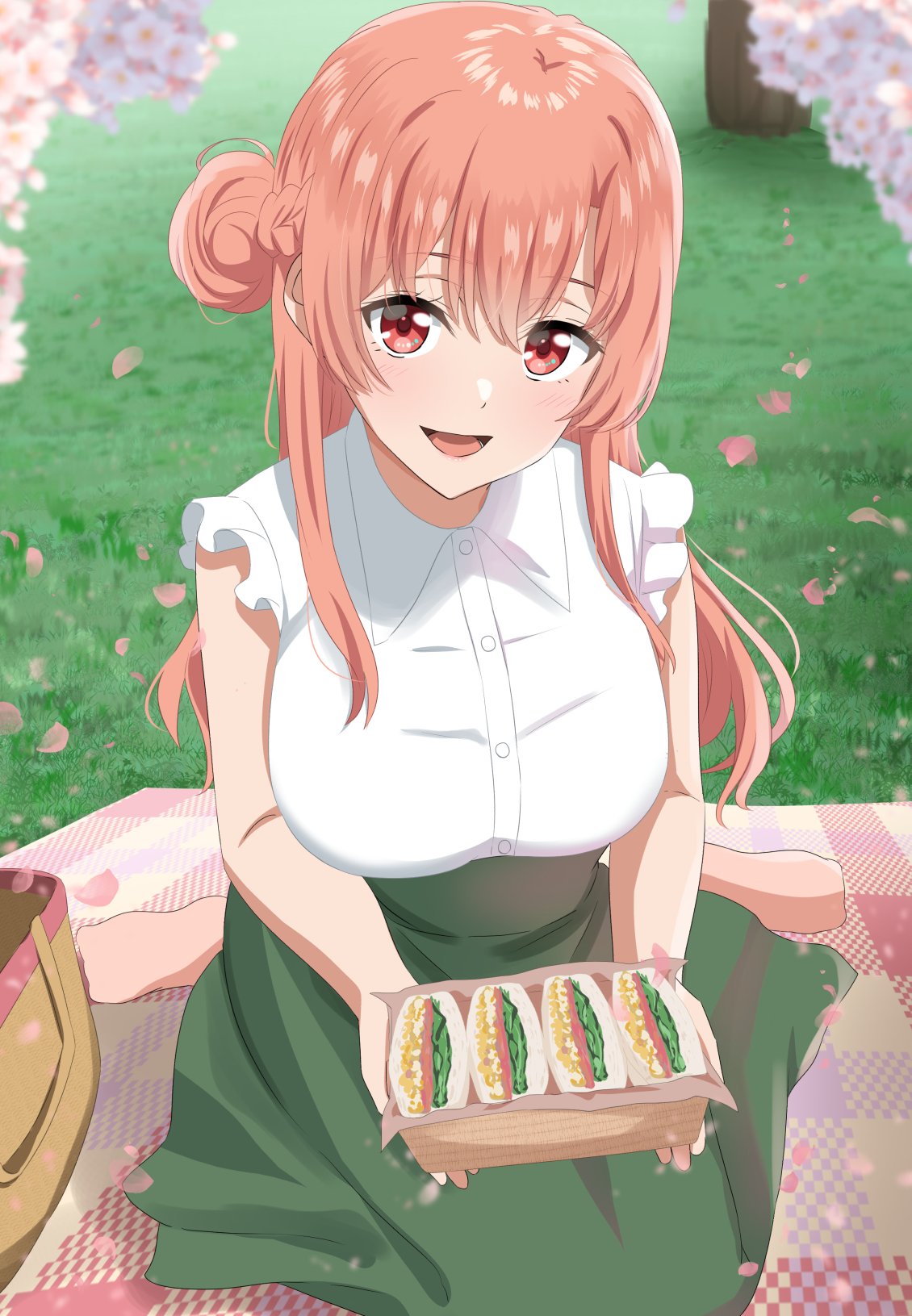 1girl, aged_up, blush, bread, breasts, cherry_blossoms, dars_(recolors), flower