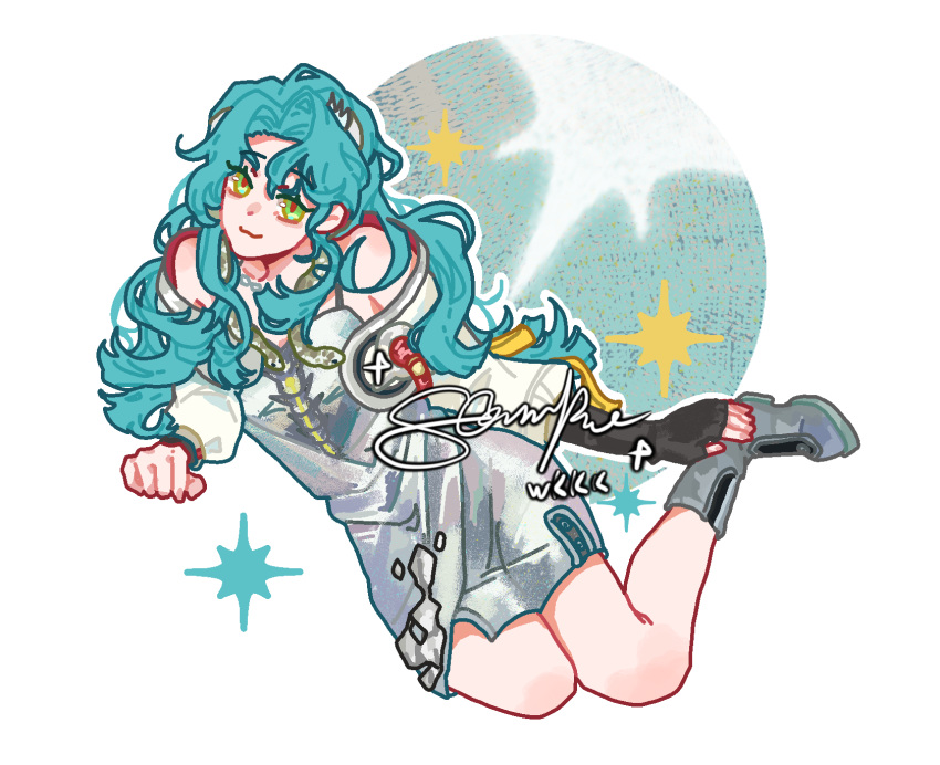 1girl, :3, bare_shoulders, blue_hair, boots, circle, dress, full_body