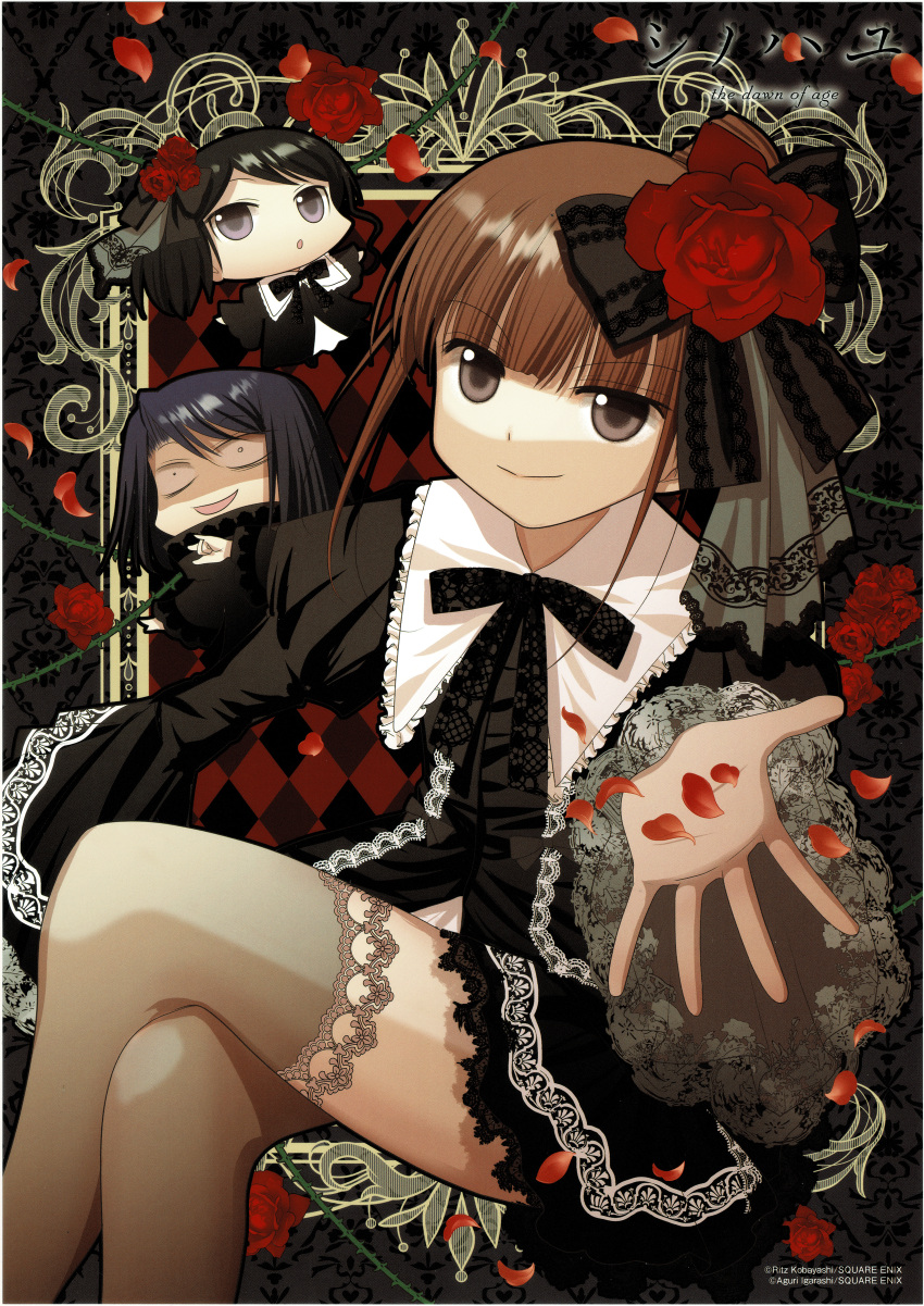 3girls, absurdres, argyle_background, bags_under_eyes, black_dress, black_hair, black_ribbon, black_thighhighs