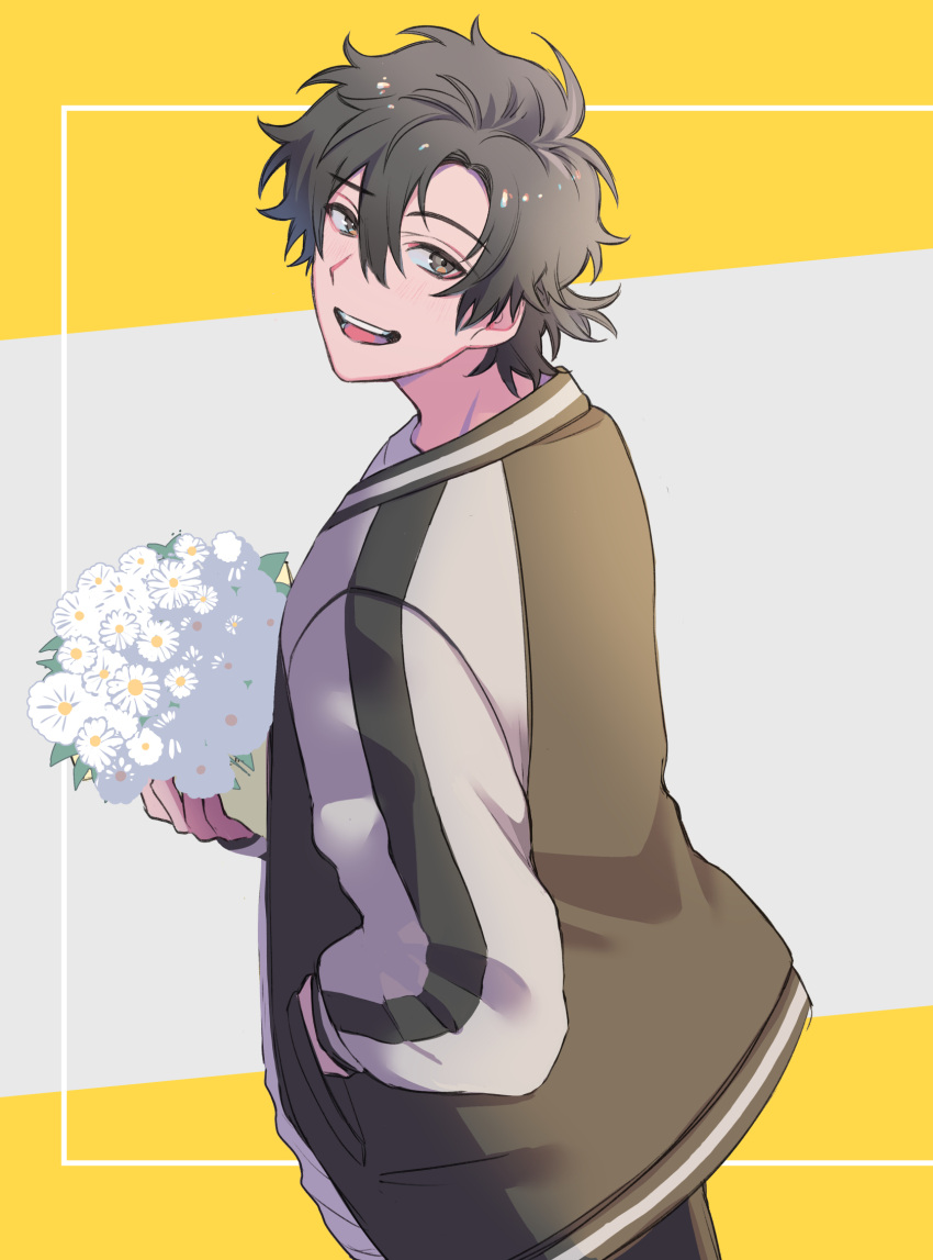 1boy, 2101341bbb, :d, black_hair, black_jacket, bouquet, brown_eyes, cheng_xiaoshi