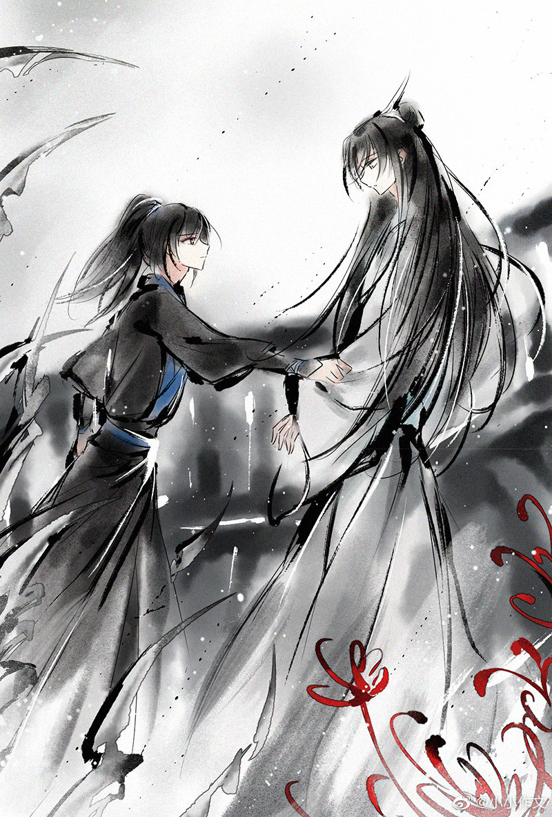 2boys, black_arm_warmers, black_hair, black_hanfu, black_robe, chinese_clothes, chinese_commentary, clothes_grab, expressionless, feet_out_of_frame, flower, from_side, frown, grey_eyes, hanfu, ink_wash_painting, light_particles, long_hair, long_sleeves, male_focus, modao_zushi, multiple_boys, no_blindfold, parted_bangs, parted_lips, ponytail, profile, red_flower, robe, sleeve_grab, spider_lily, standing, topknot, white_hanfu, white_robe, wide_sleeves, xiao_guan_(headdress), xiao_xiao_zuowen, xiao_xingchen, xue_yang, yellow_eyes