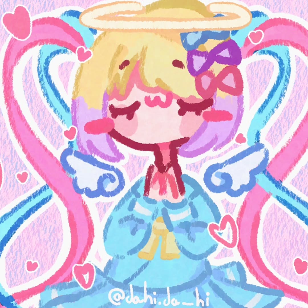 1girl, ame-chan_(needy_girl_overdose), angel_wings, blue_bow, blue_serafuku, bow, chouzetsusaikawa_tenshi-chan, dahi.da_hi, hair_bow, heart, holographic_clothing, long_hair, long_neck, multicolored_hair, multiple_hair_bows, needy_girl_overdose, pink_hair, praying, school_uniform, serafuku, shirt, smile, twintails, wings