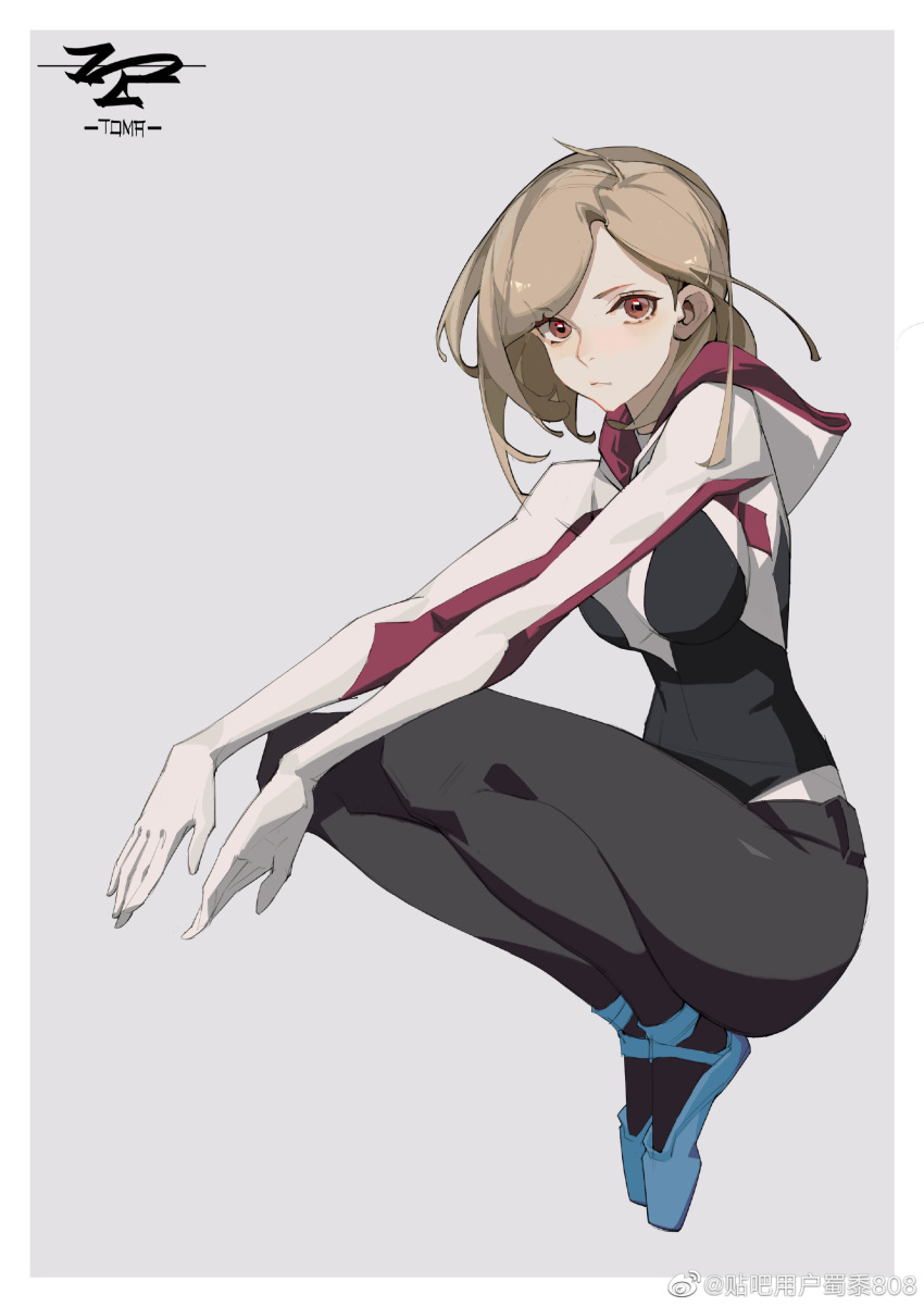 1girl, absurdres, bodysuit, border, brown_eyes, brown_hair, closed_mouth, commentary_request, full_body, gwen_stacy, highres, hood, hood_down, hooded_bodysuit, looking_at_viewer, marvel, short_hair, solo, spider-gwen, spider-man:_into_the_spider-verse, spider-man_(series), spider-verse, squatting, tomafumi, white_border