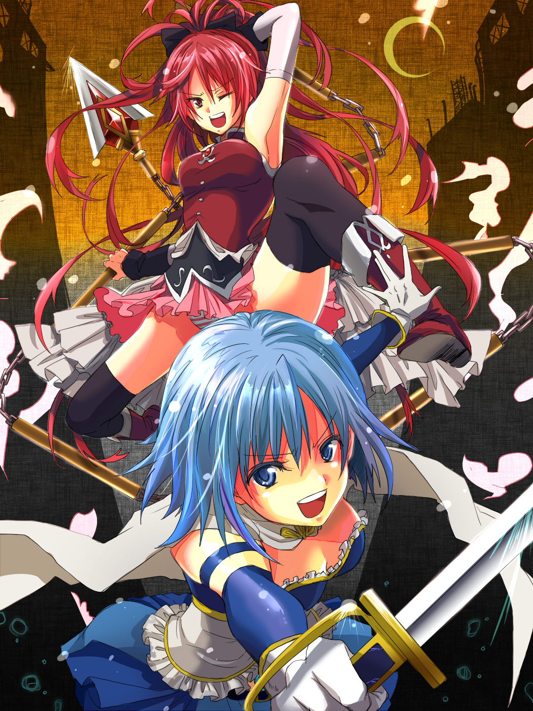 arm_up, armpits, black_legwear, black_thighhighs, blue_eyes, blue_hair, boots, crescent_moon