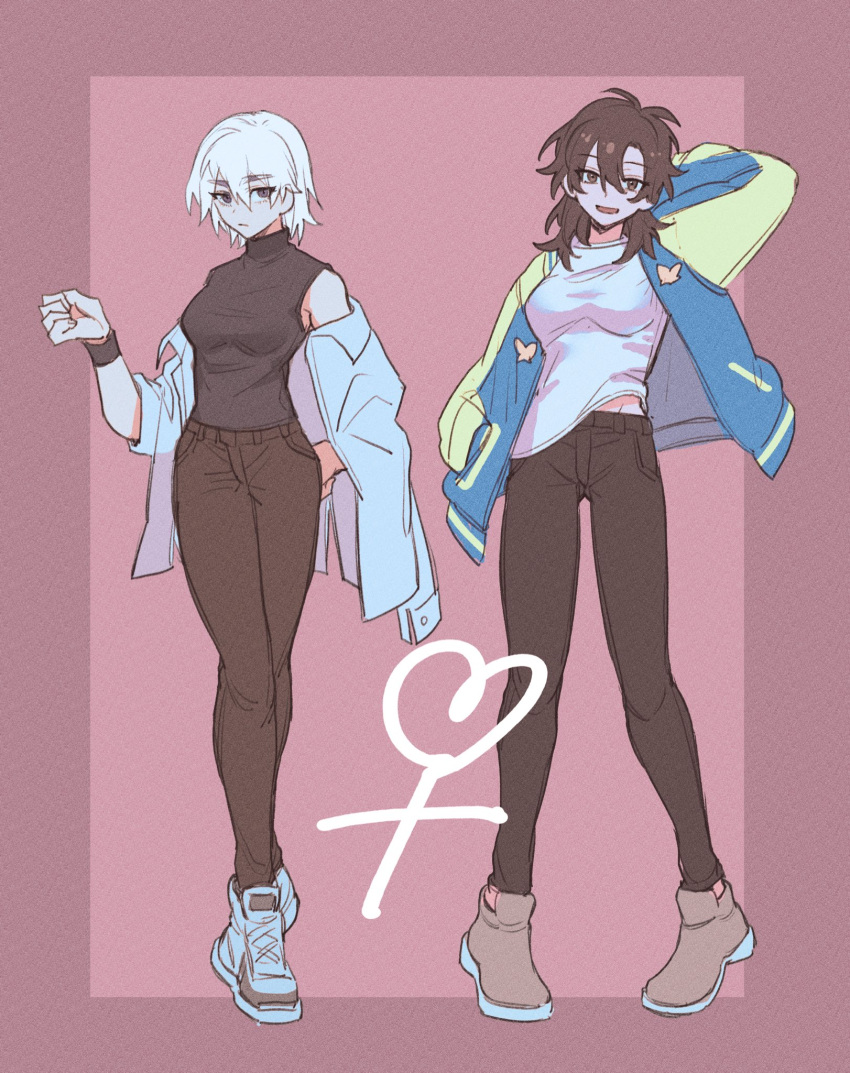 2101341bbb, 2girls, arm_behind_head, arm_up, black_hair, black_pants, black_shirt, blue_jacket