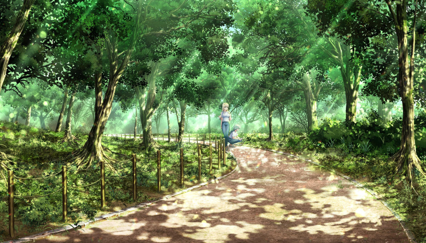 2girls, blonde_hair, breasts, day, dolphin_wave, forest, game_cg, grey_hair