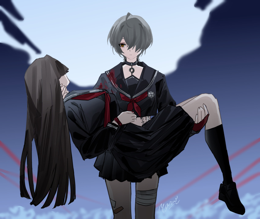 2girls, absurdres, bandaged_leg, bandages, bandaid, bandaid_on_leg, black_choker, black_hair