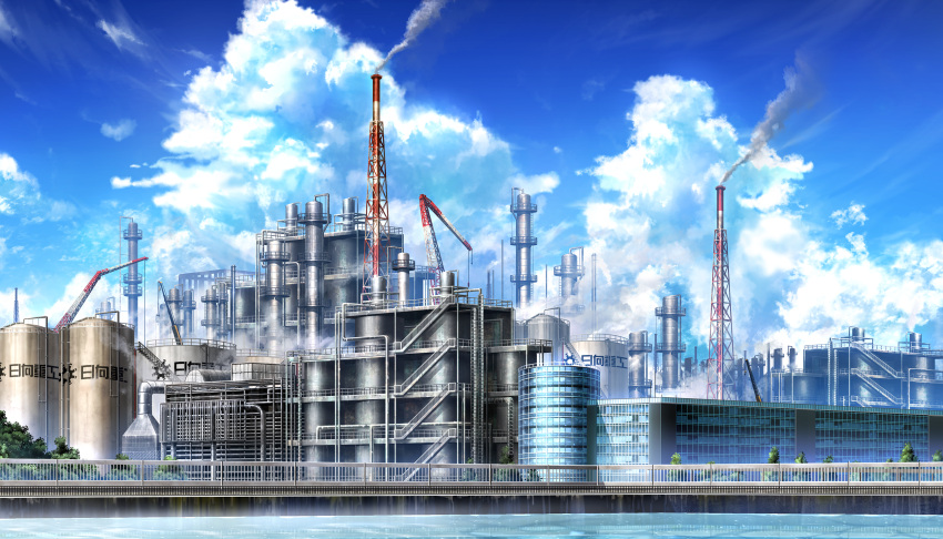 building, clouds, cloudy_sky, crane_(machine), cumulonimbus_cloud, day, distillation_column, dolphin_wave