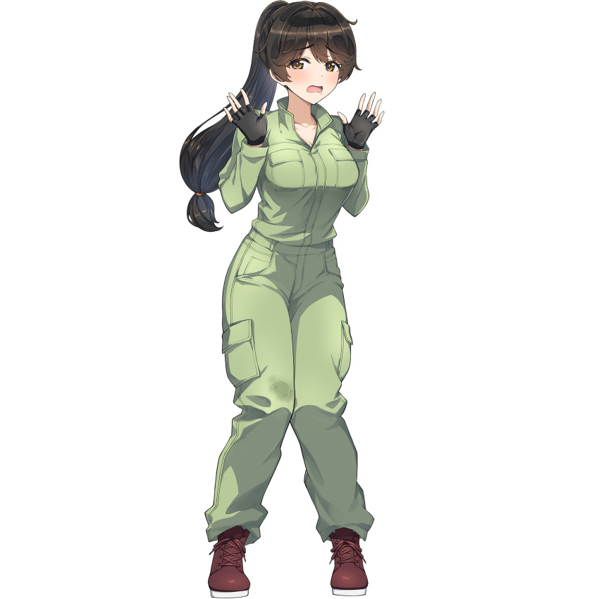 1girl, boots, breasts, brown_boots, brown_eyes, brown_hair, dolphin_wave, fingerless_gloves