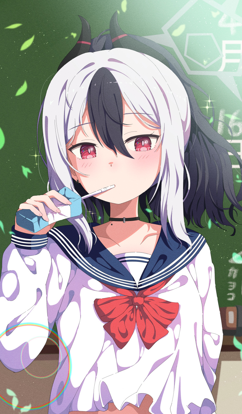 1girl, absurdres, alternate_costume, arm_behind_back, black_choker, black_hair, black_horns, blue_archive