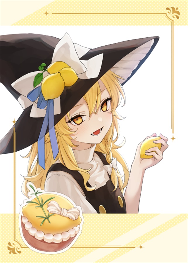 1girl, :d, black_hat, black_vest, blonde_hair, blue_ribbon, bow, braid