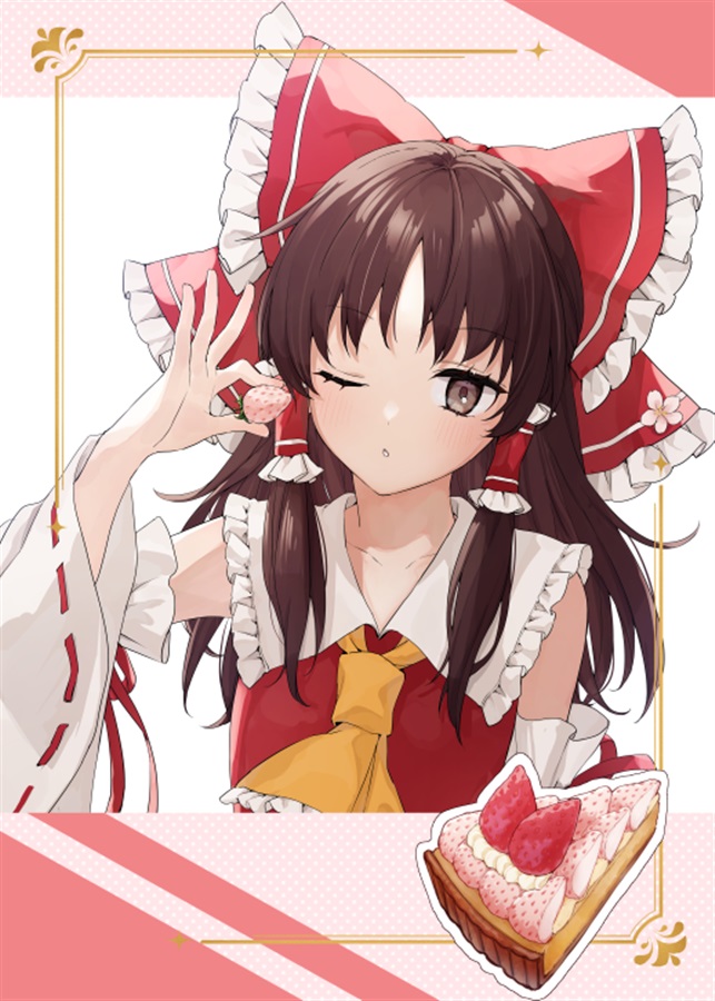 1girl, ascot, bow, brown_eyes, brown_hair, detached_sleeves, flower, food