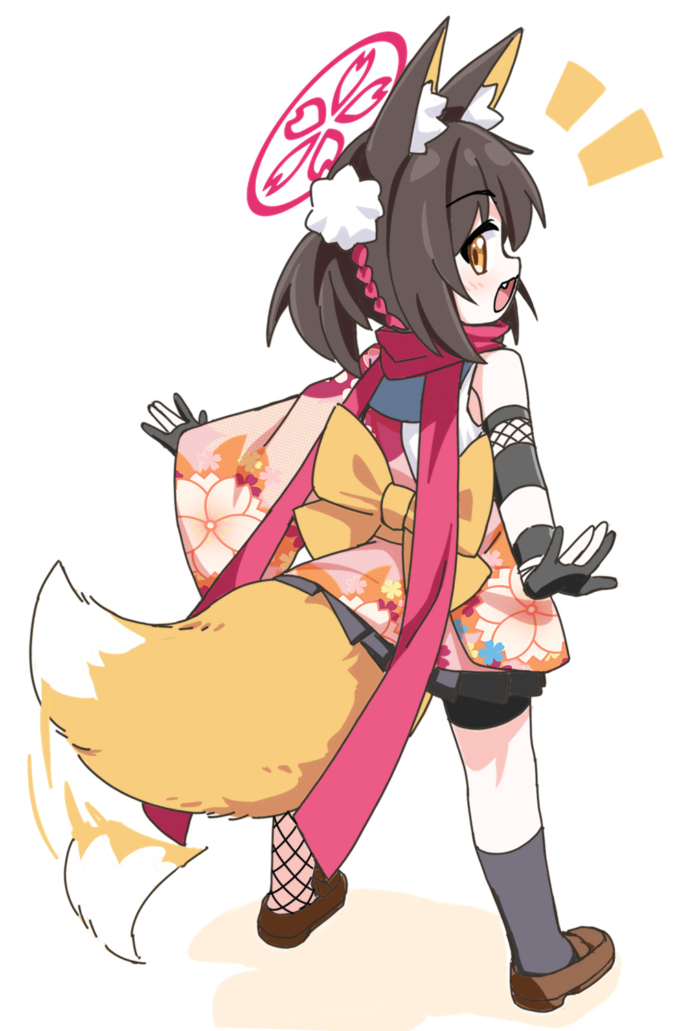1girl, :d, a-pose, afterimage, animal_ear_fluff, animal_ears, asymmetrical_legwear, back_bow