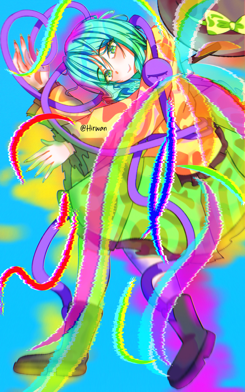 absurdres, black_hat, black_shoes, blood, blue_background, green_eyes, green_hair, green_ribbon, green_skirt, hat, highres, hirwannew, komeiji_koishi, non-web_source, ribbon, shirt, shoes, skirt, smile, third_eye, touhou, yellow_shirt