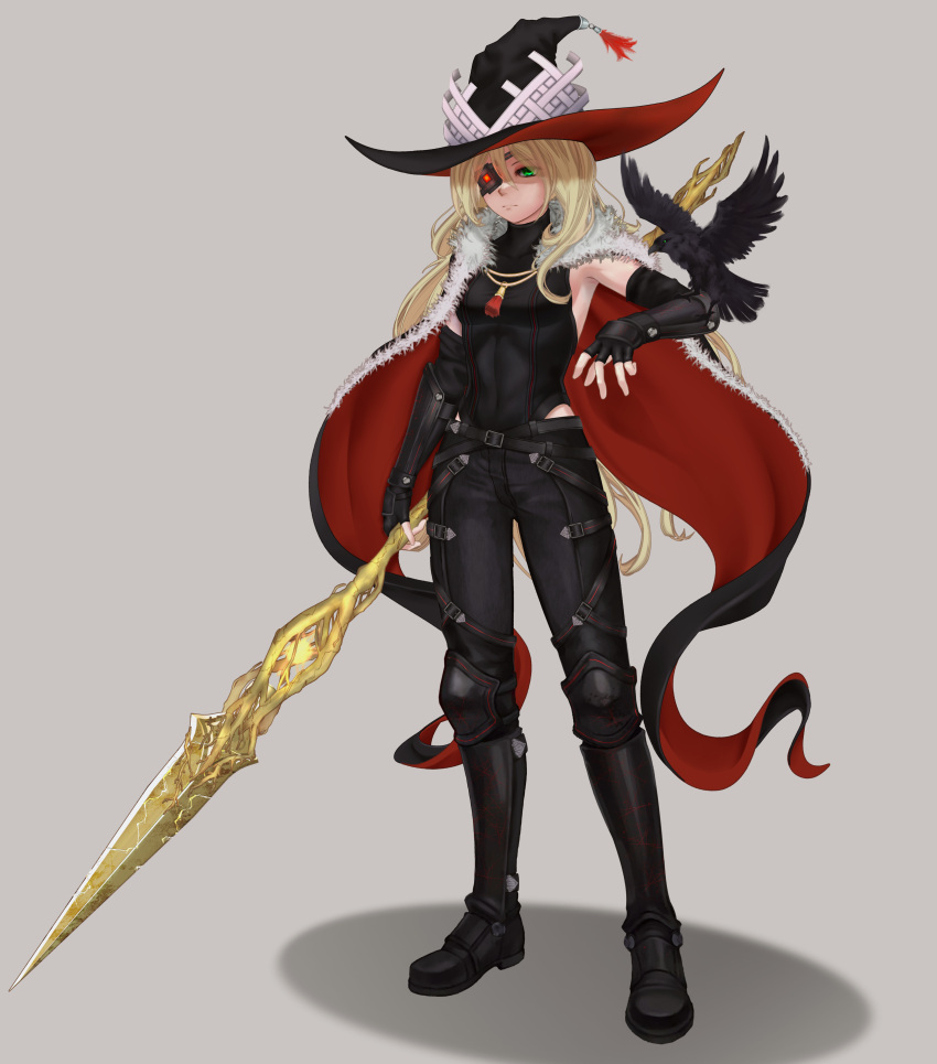 1girl, absurdres, bird, black_boots, black_cape, black_gloves, black_hat, black_pants