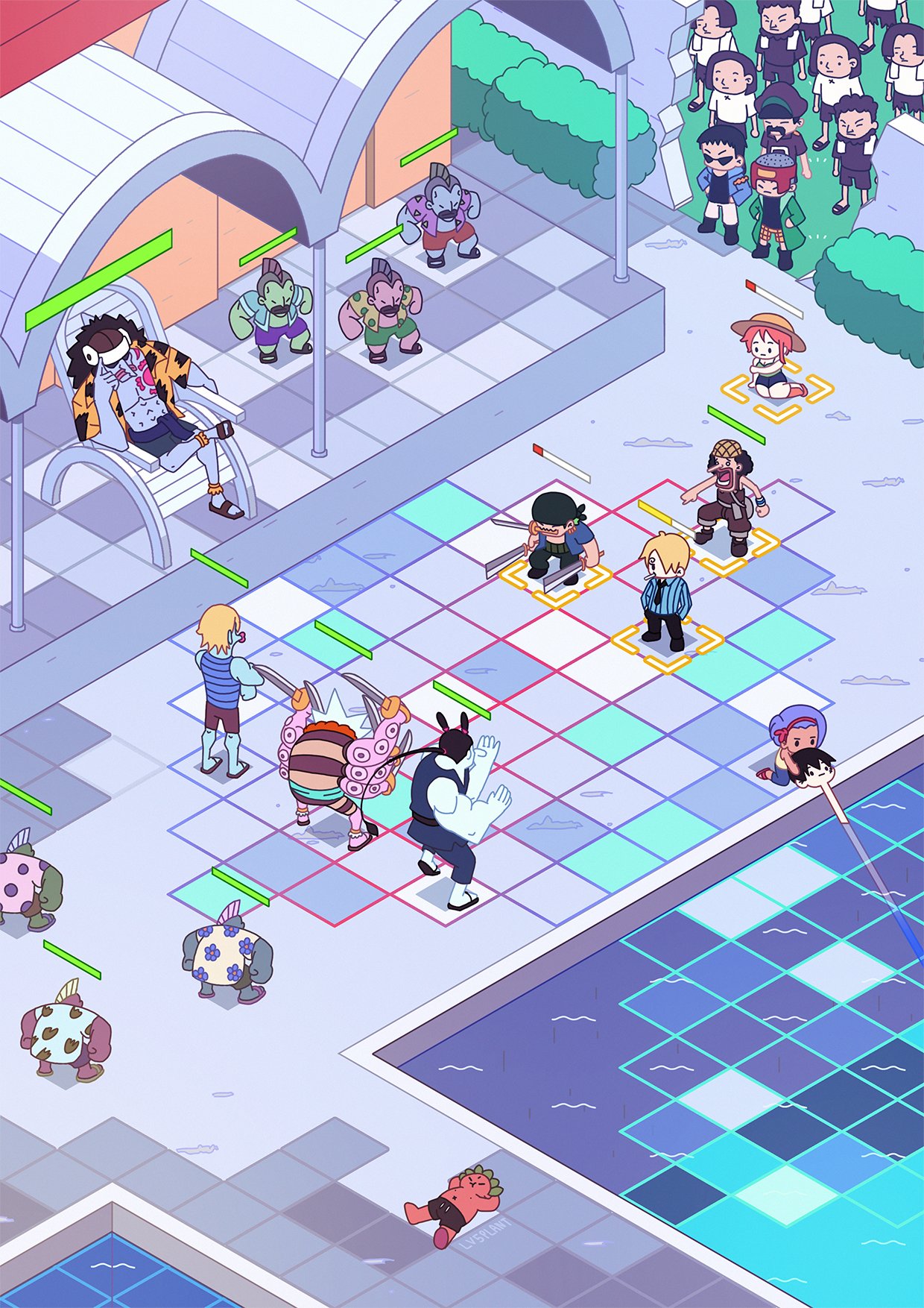 6+boys, arlong, bandana, baseball_cap, black_bandana, black_hair, blue_hair, blue_shirt