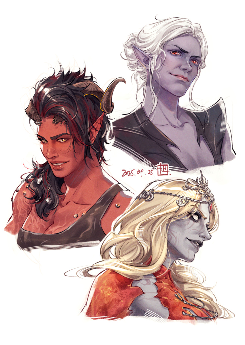 3girls, asahi_(baiyameng), baldur's_gate, baldur's_gate_3, black_eyeshadow, black_hair, blonde_hair, broken_horn