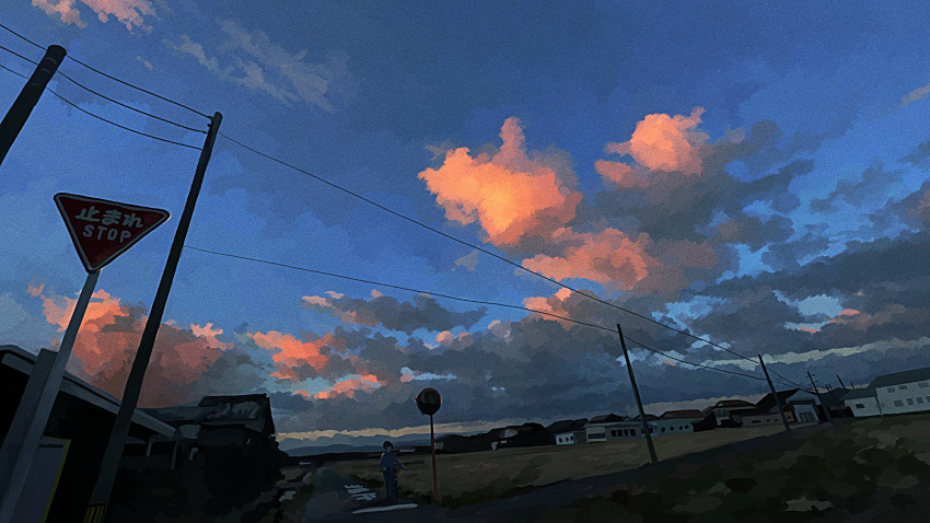 1boy, banakotakemaru, bicycle, blue_sky, building, clouds, highres, original