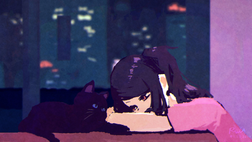 1girl, absurdres, black_cat, cat, cityscape, commentary, dated, english_commentary