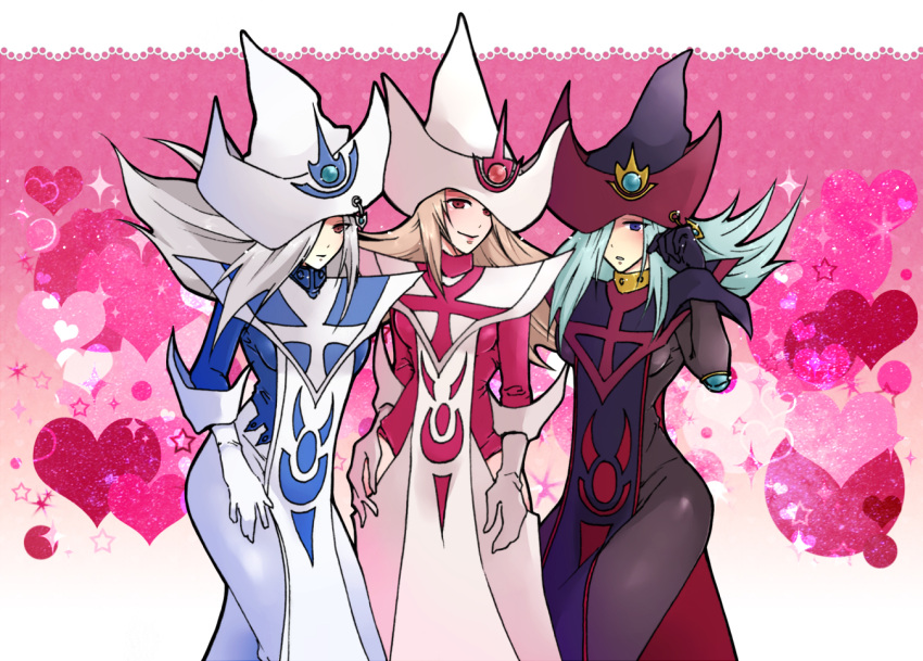 3girls, black_gloves, black_hat, black_tabard, blonde_hair, blue_hair, dual_persona, duel_monster